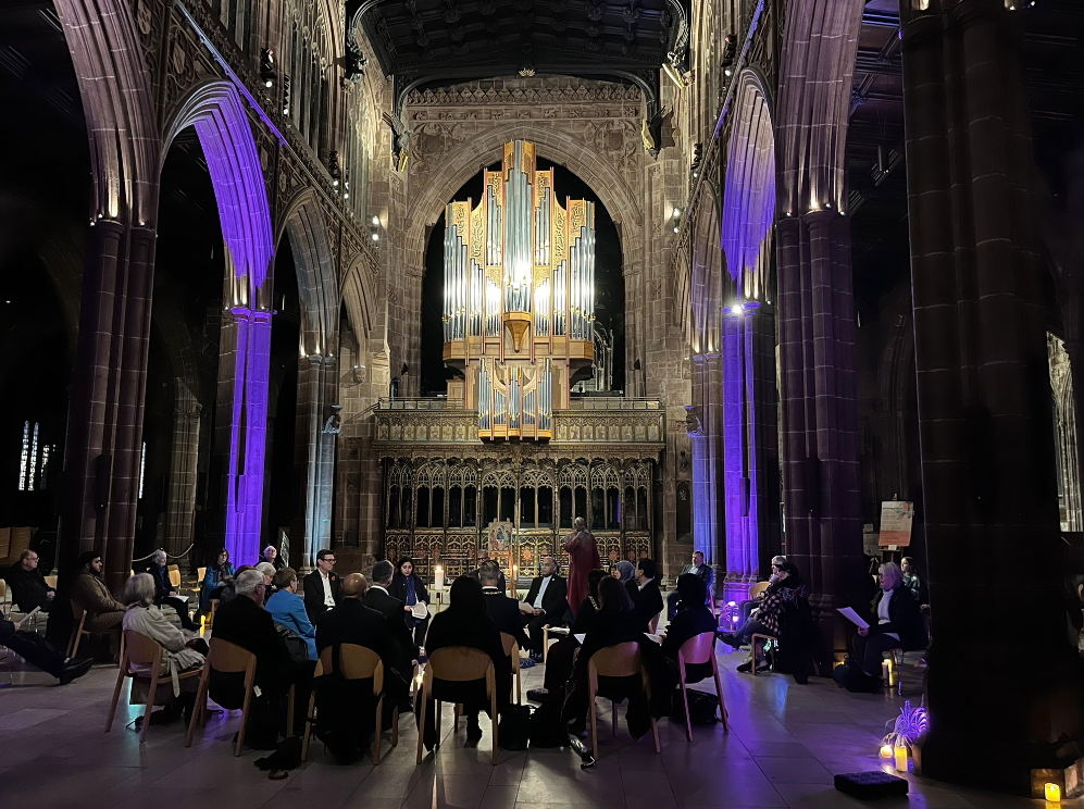 Local leaders at a multi-faith vigil at Manchester Cathedral a month after the Hamas attack. Photo: @mayorofGM