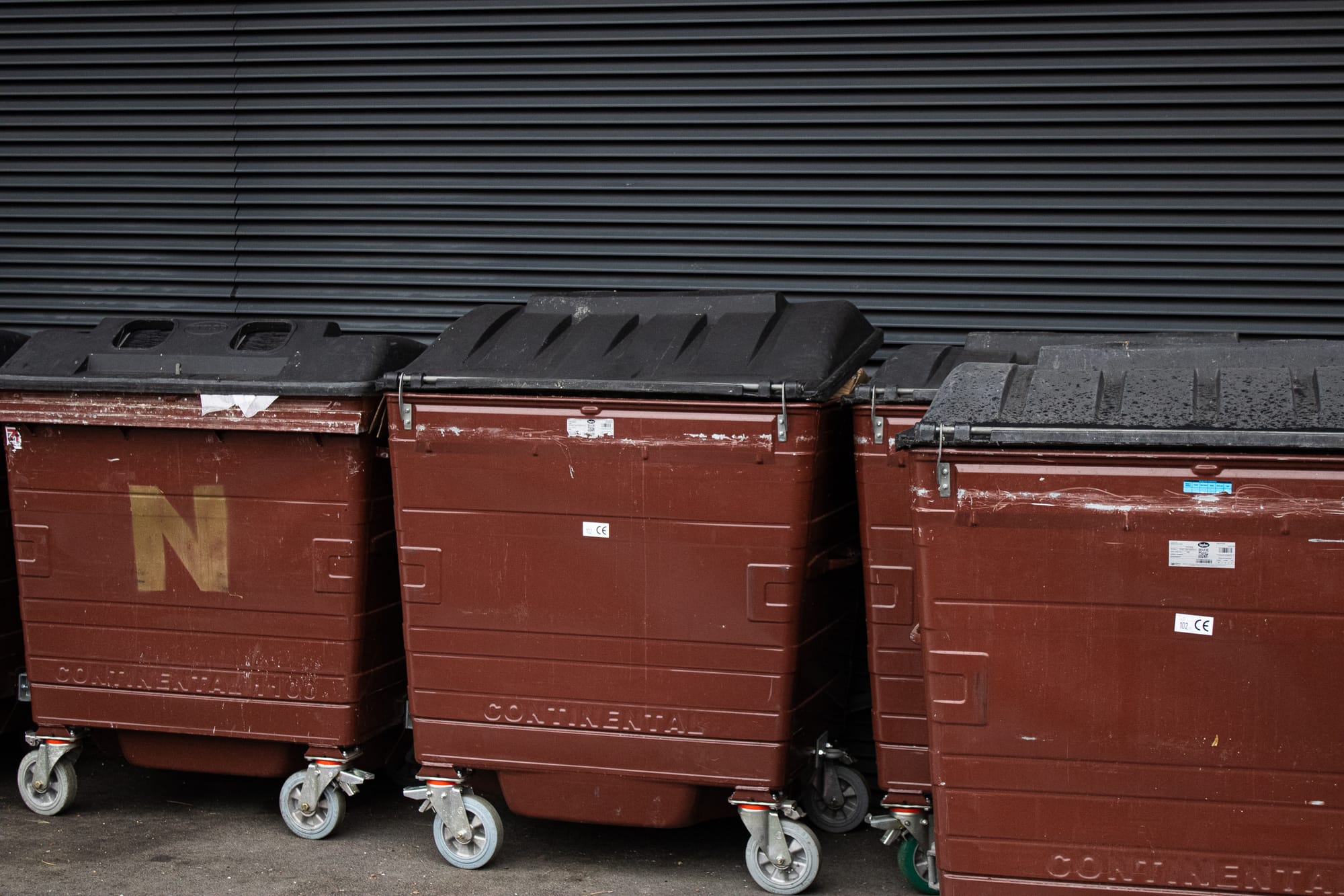 Dumpsters on the perimeter of Deansgate Square. Photo: Jack Dulhanty/The Mill.
