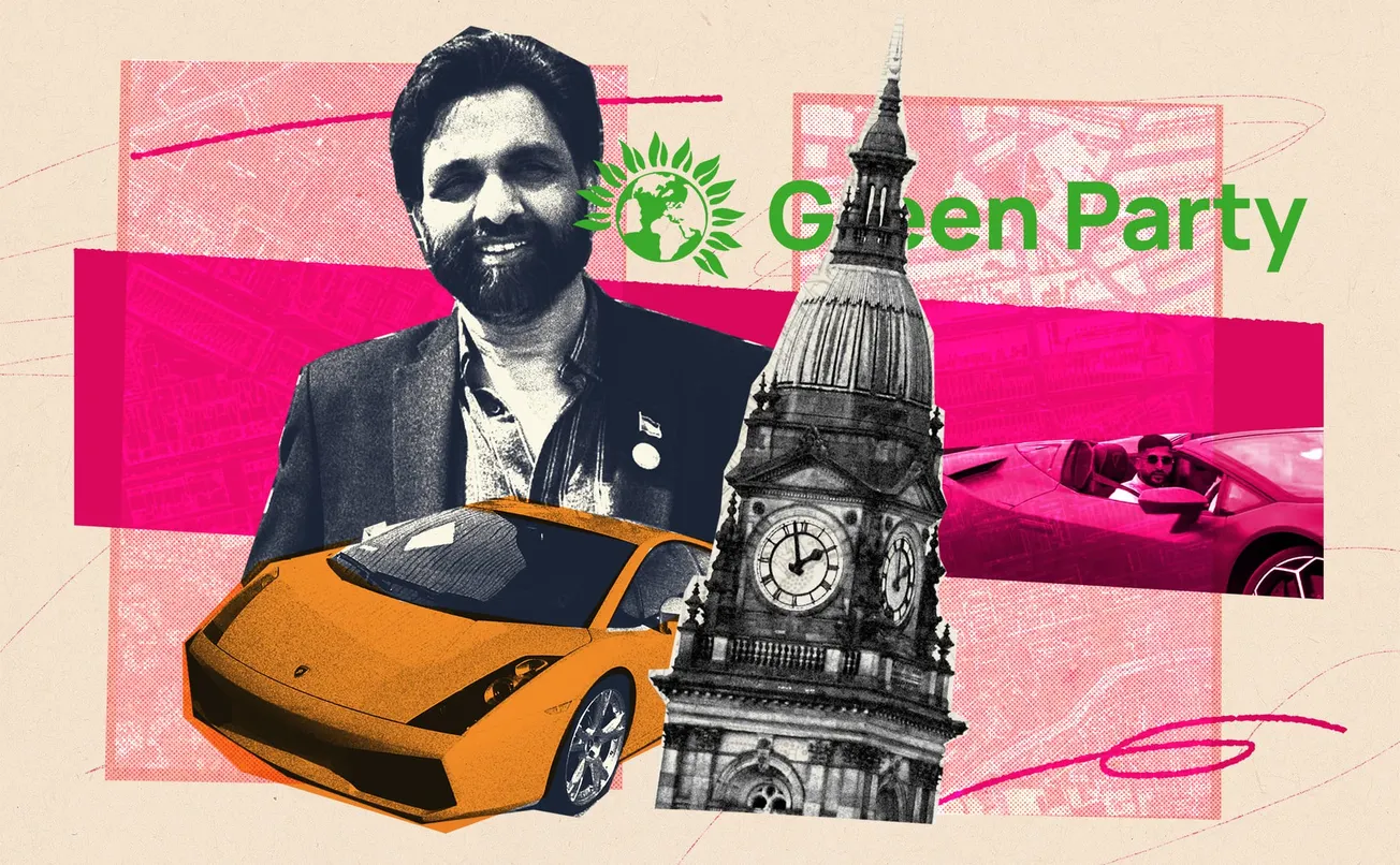 A collage image showing Councillor Baggy Khan in a Lamborghini, Bolton Green Party Chair, Councillor Hanif Alli, Bolton Town Hall and the Green Party logo. 