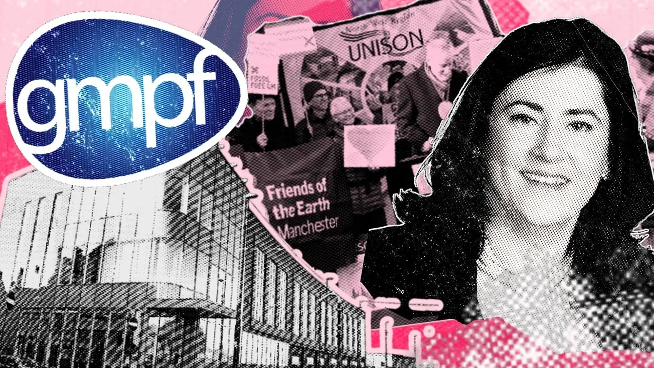 An illustration showing the GMPF logo, its headquarters, its CEO Sandra Stewart and protesters