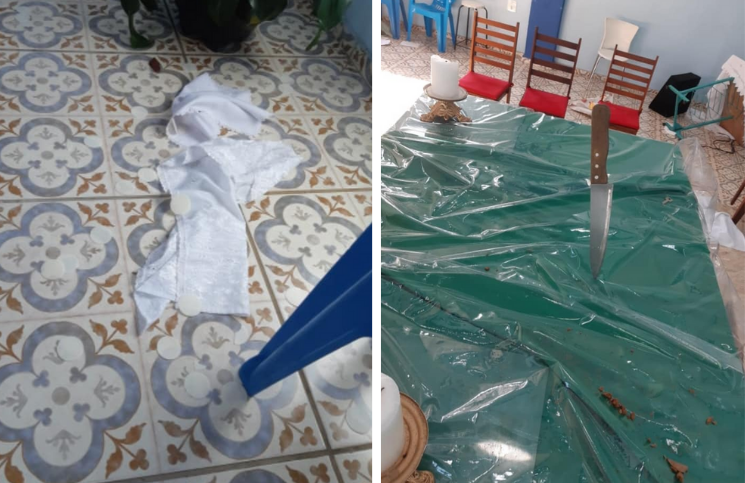 Pisotean y mastican hostias consagradas, y clavan cuchillo en el altar en profanación a iglesia