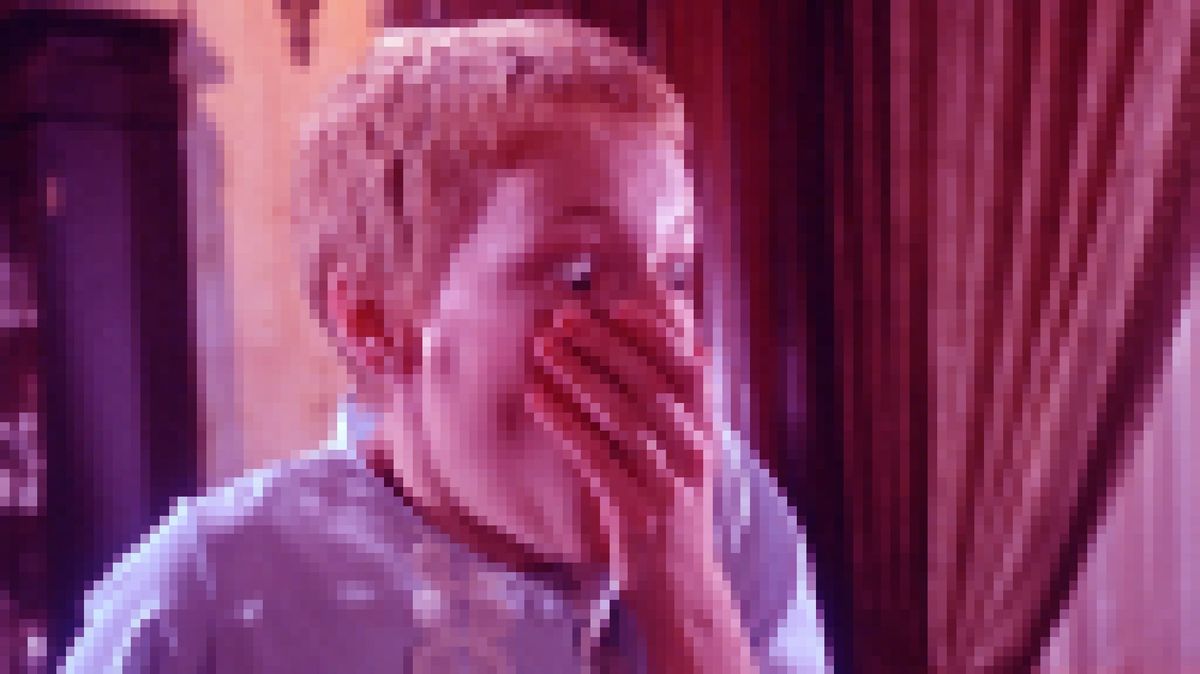 A pixelated still from the Rosemary's Baby movie showing Mia Farrow with a hand over her mouth