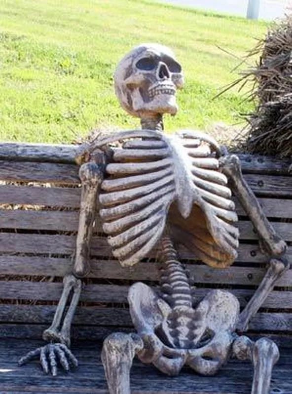 Skeleton waiting on a bench