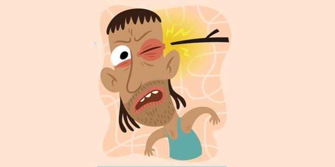 Cartoon of a man getting poked in his left eye with a stick