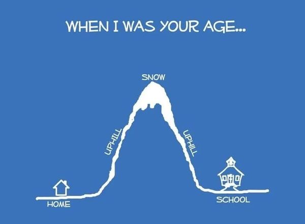 Diagram labeled "When I was your age." Shows "HOME" and "School" separated by a snow-covered mountain, with the "UPHILL" direction labeled on both sides of the mountain.