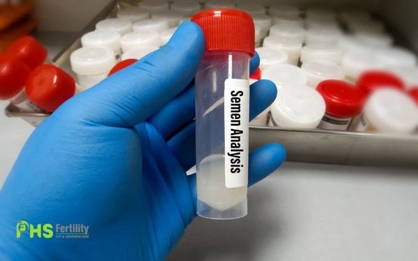 A gloved hand holds a vial labeled "semen analysis." 2 mL of clear whitish fluid, ostensibly ejaculate, is inside the vial.