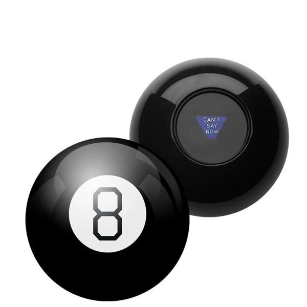 A magic 8 ball with the lid off. A blue triangle in the middle of the magic 8 ball screen has white text reading "Can't Say Now."