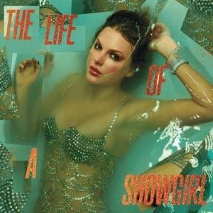 Taylor Swift's "The Life of a Showgirl" album cover, featuring Taylor Swift clad in glittery showgirl garb while lying in a shallow pool of water.