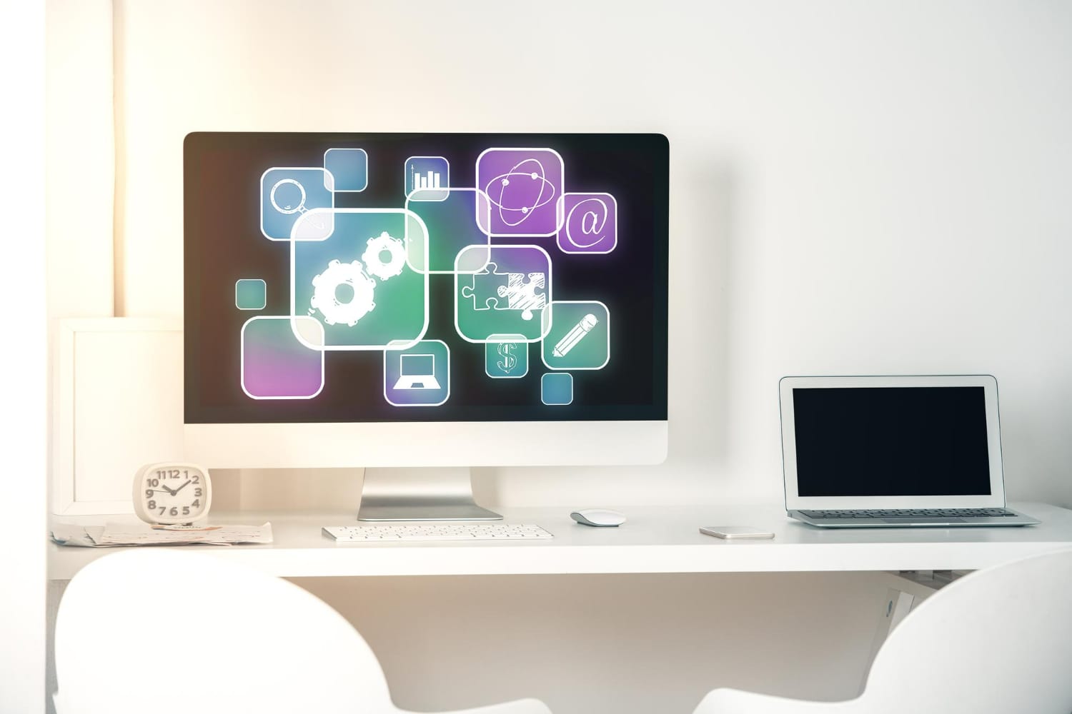 Workplace computer screen with various digital icons representing customer engagement platform.