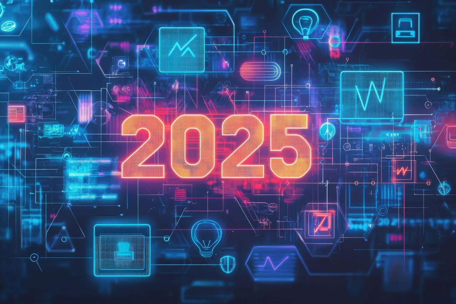 A vibrant visualization showcasing digital elements related to technology data analytics and futuristic concepts set in the year 2025