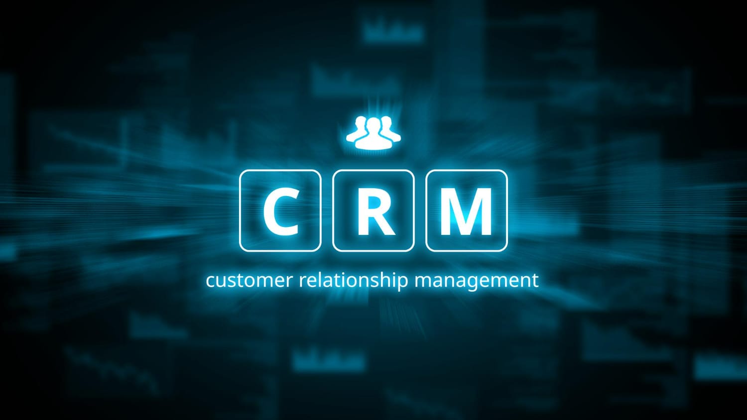 A hologram with writing that says "CRM."