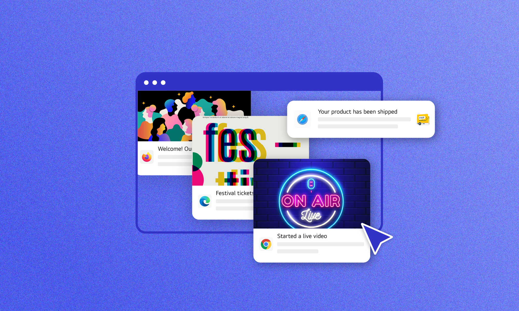 An image showing a number of colorful, funky web push notifications