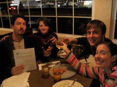 At Spiro's Pizza, October 5, 2005, celebrating the signing of my first publishing contract — for Auralia's Colors and Cyndere's Midnight — with Anne, and with Nathan and Sarah Partain. 