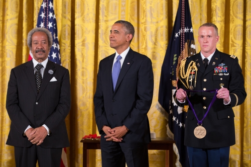 Allen Toussaint (left) receiving the Medal of Honor for the Arts from President Obama July 10, 2013, at the White House.
