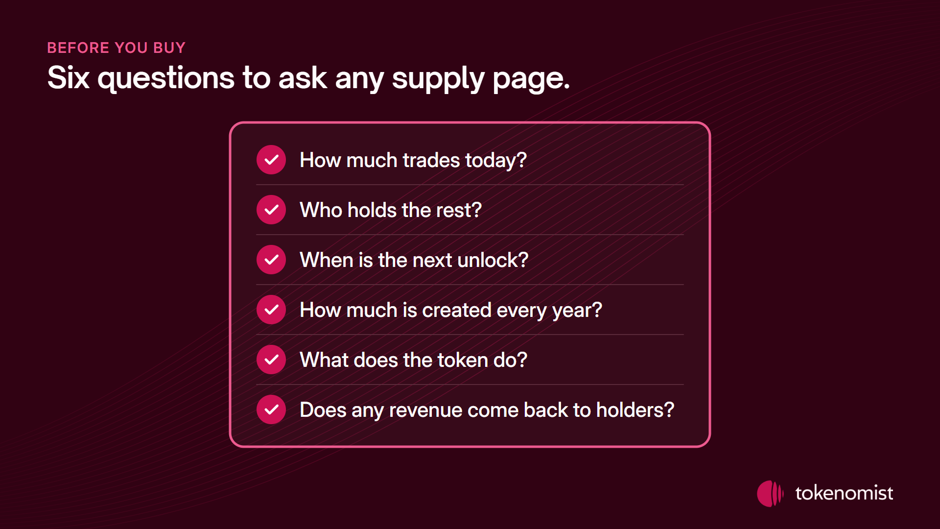A checklist card with six ticked questions: how much trades today, who holds the rest, when the next unlock is, how much is created every year, what the token does, and whether any revenue comes back to holders.