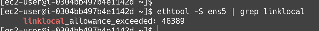 A screenshot of a linux terminal with the text "ethtool -S ens5 | grep linklocal" as a command and the results shown as "linklocal_allowance_exceeded: 46389"
