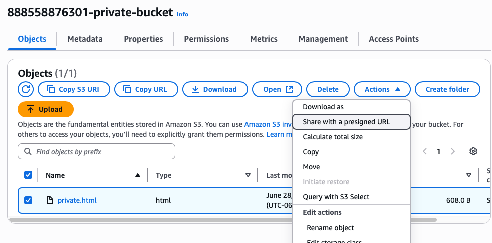 Screenshot of the Amazon S3 web console showing a private bucket named "888558876301-private-bucket" with one object, "private.html," selected. The "Actions" dropdown menu is open, highlighting the option "Share with a presigned URL."