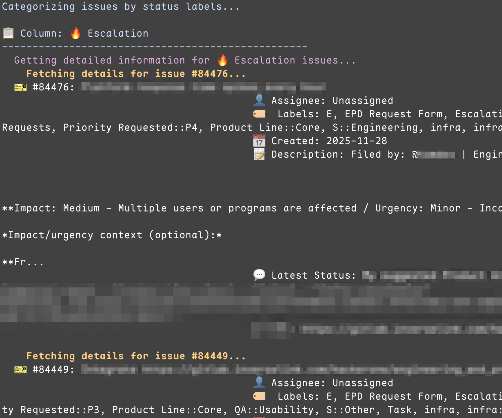 Dark-themed terminal showing an automated script summarizing escalation tickets, with emoji headers and structured lines for issue IDs, labels, impact, and latest status.