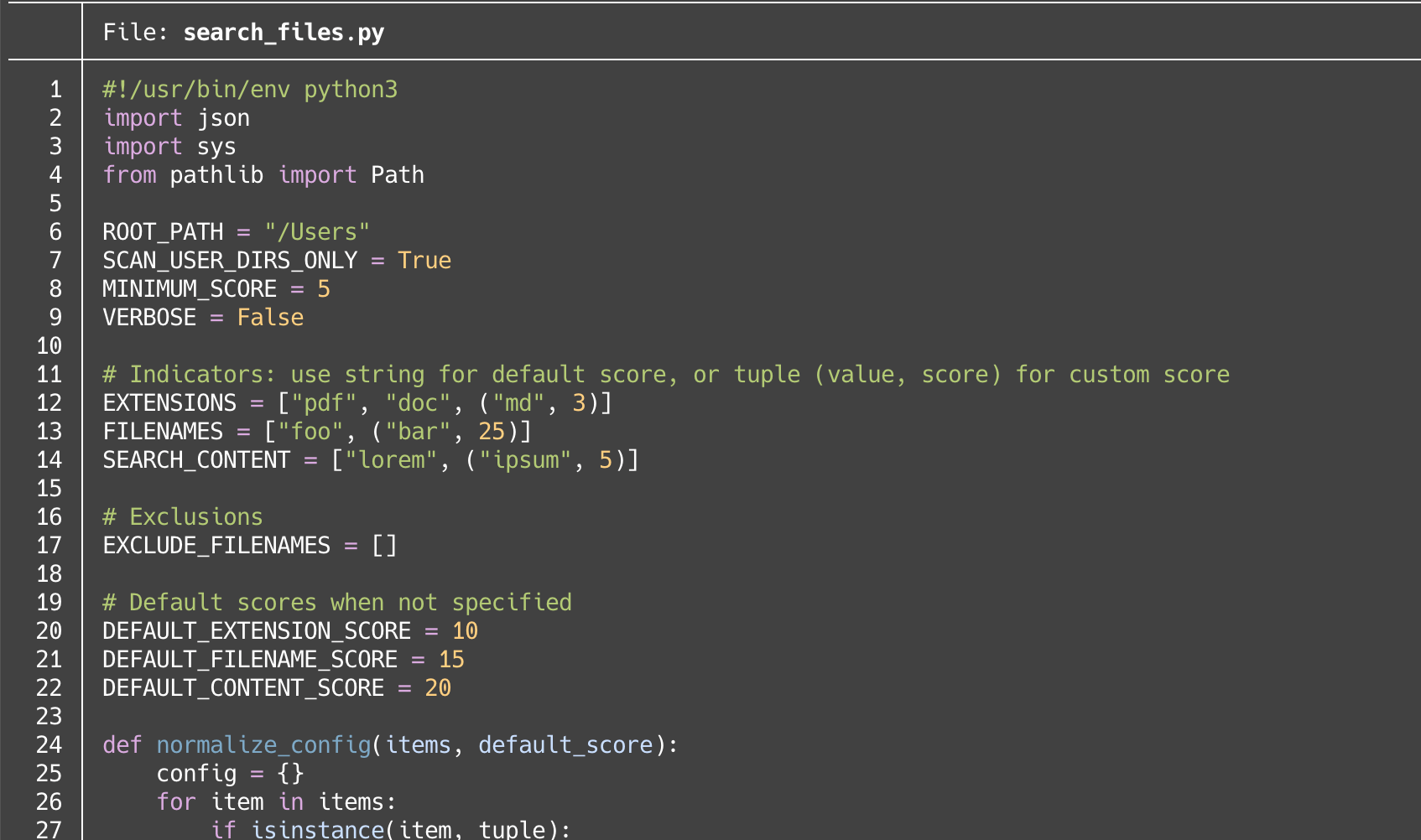 A dark-themed code editor displaying the beginning of a Python configuration script called search_files.py, which defines search paths, file-type indicators, default scoring values, and a helper function to normalize those settings for a file-search tool.