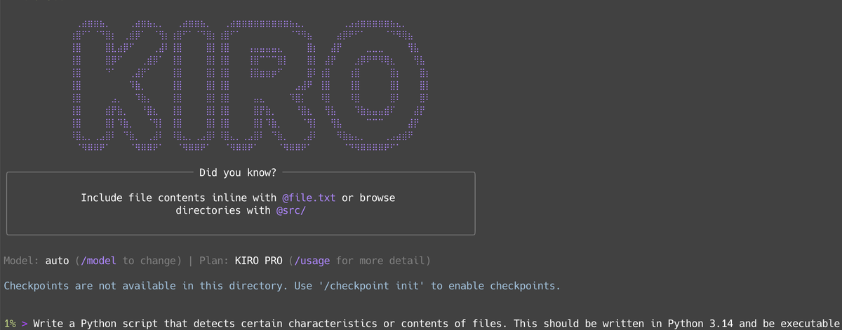 Screenshot of Kiro CLI terminal interface showing ASCII logo and command prompt for building a Python detection script