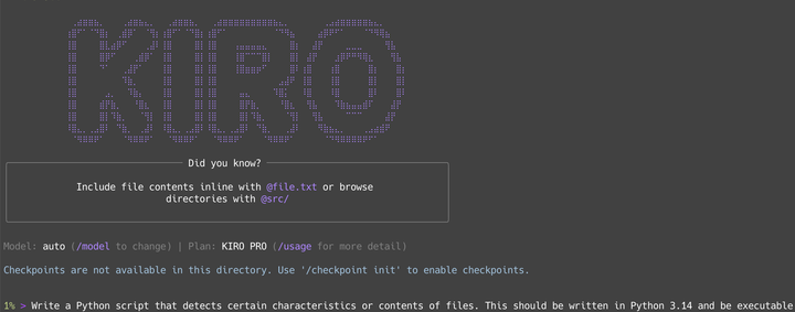 Screenshot of Kiro CLI terminal interface showing ASCII logo and command prompt for building a Python detection script