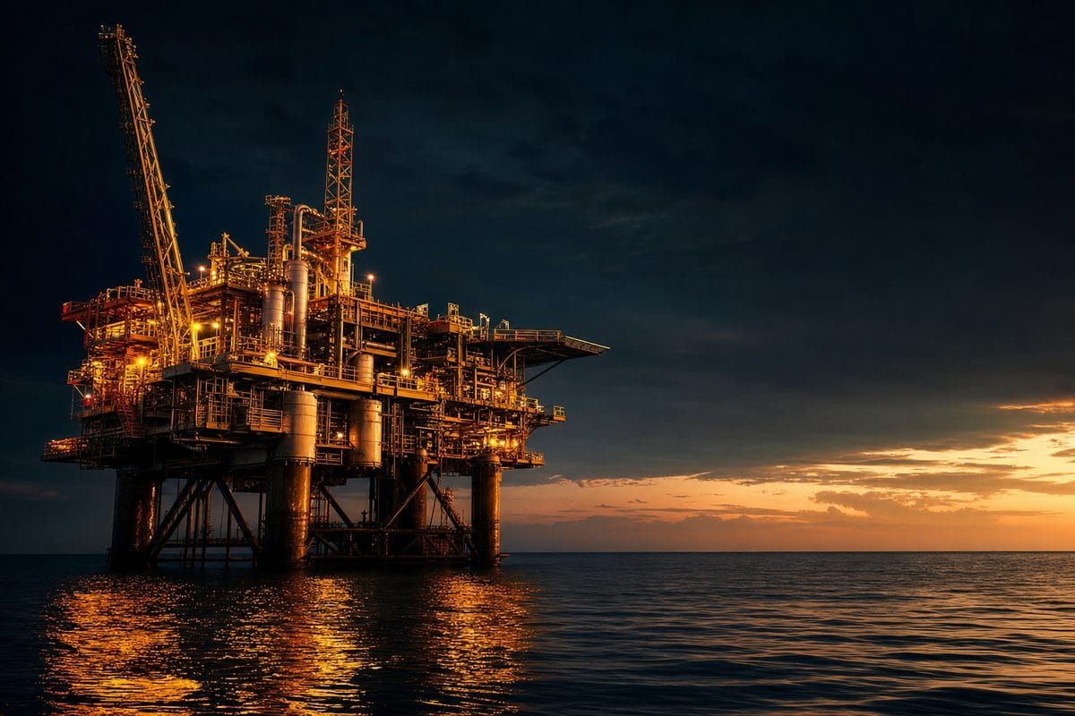 Plataforma offshore de gas natural al atardecer