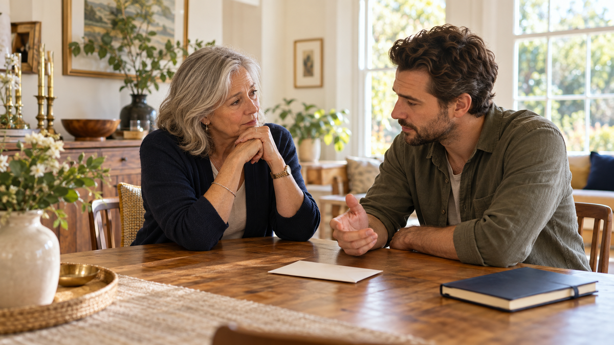Two adult relatives talk at a sunlit dining table about a difficult money decision.