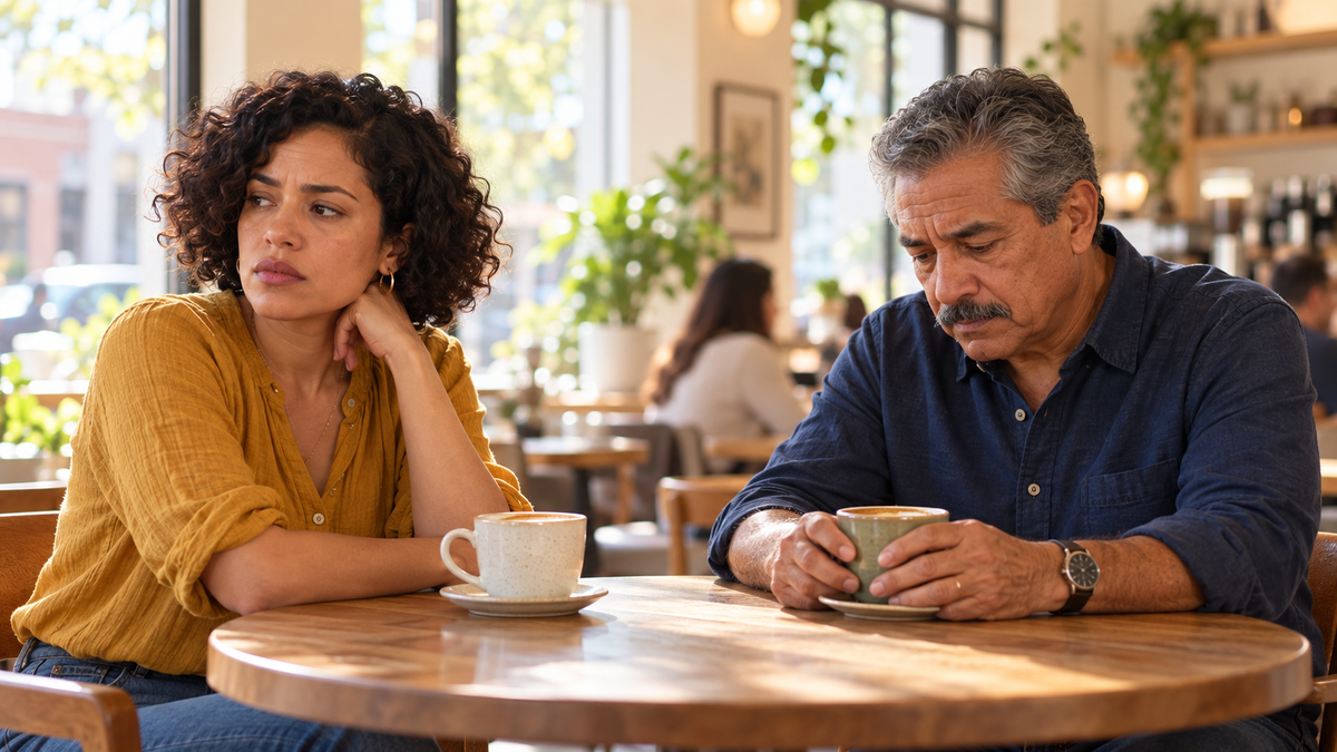 A father and his adult daughter sit uneasily over coffee in a bright cafe, looking away from each other.