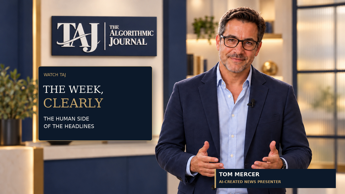 Tom Mercer in the TAJ studio beside The Week, Clearly title card.