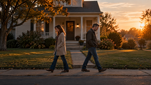 Two adult family members walking away from each other outside a family home at sunset.