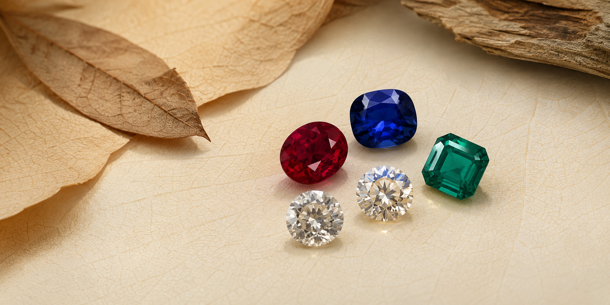 Lab-created diamond, sapphire, ruby, emerald, and moissanite gemstones arranged on a natural leaf-textured surface