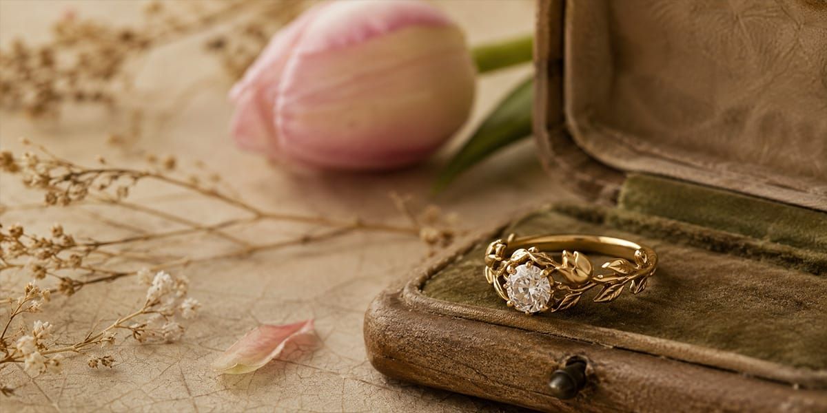 Nature-inspired solid gold engagement ring with leaf and tulip detail, styled as a keepsake heirloom piece