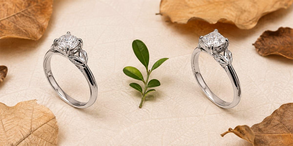 vanya Jewelry solid gold solitaire engagement rings in round and princess cut, styled with a green sprig and dried leaves