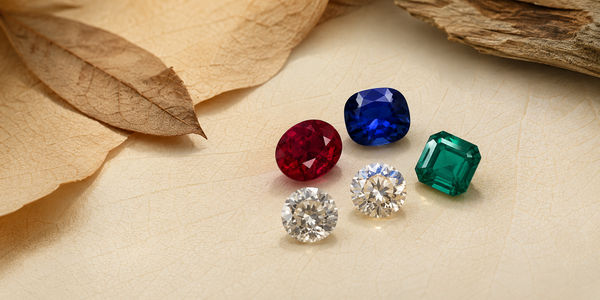 Lab-created diamond, sapphire, ruby, emerald, and moissanite gemstones arranged on a natural leaf-textured surface