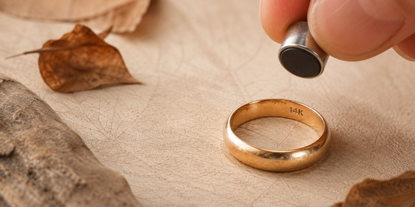 Magnet test on a solid gold ring, showing the hallmark stamp used to check if a ring is real gold