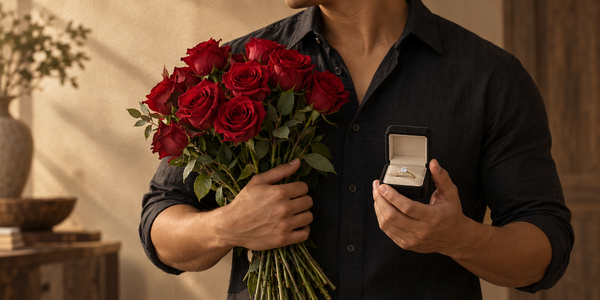 Man holding a bouquet of red roses and an open ring box with a solitaire yellow gold engagement ring, preparing to propose