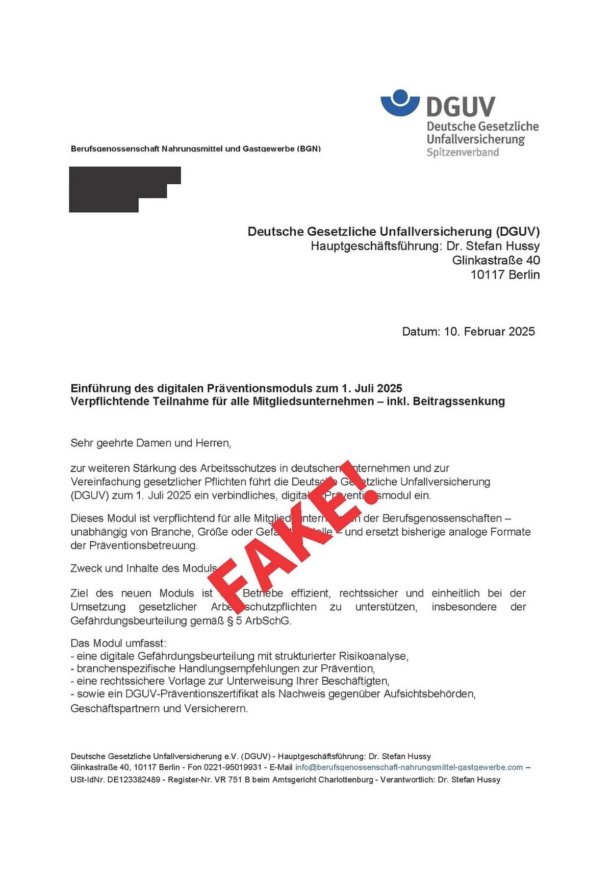 Betrugsversuch: Rechnung von DGUV/BGN