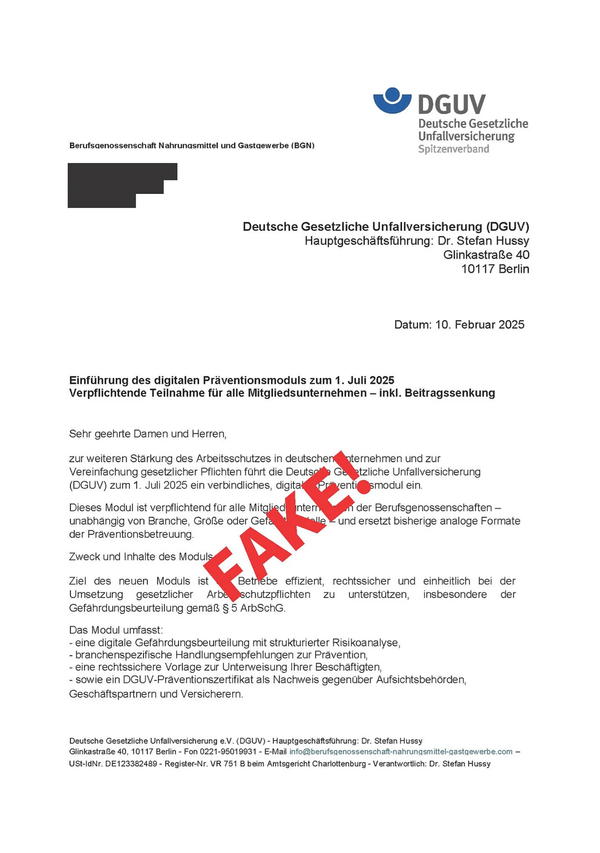 Betrugsversuch: Rechnung von DGUV/BGN