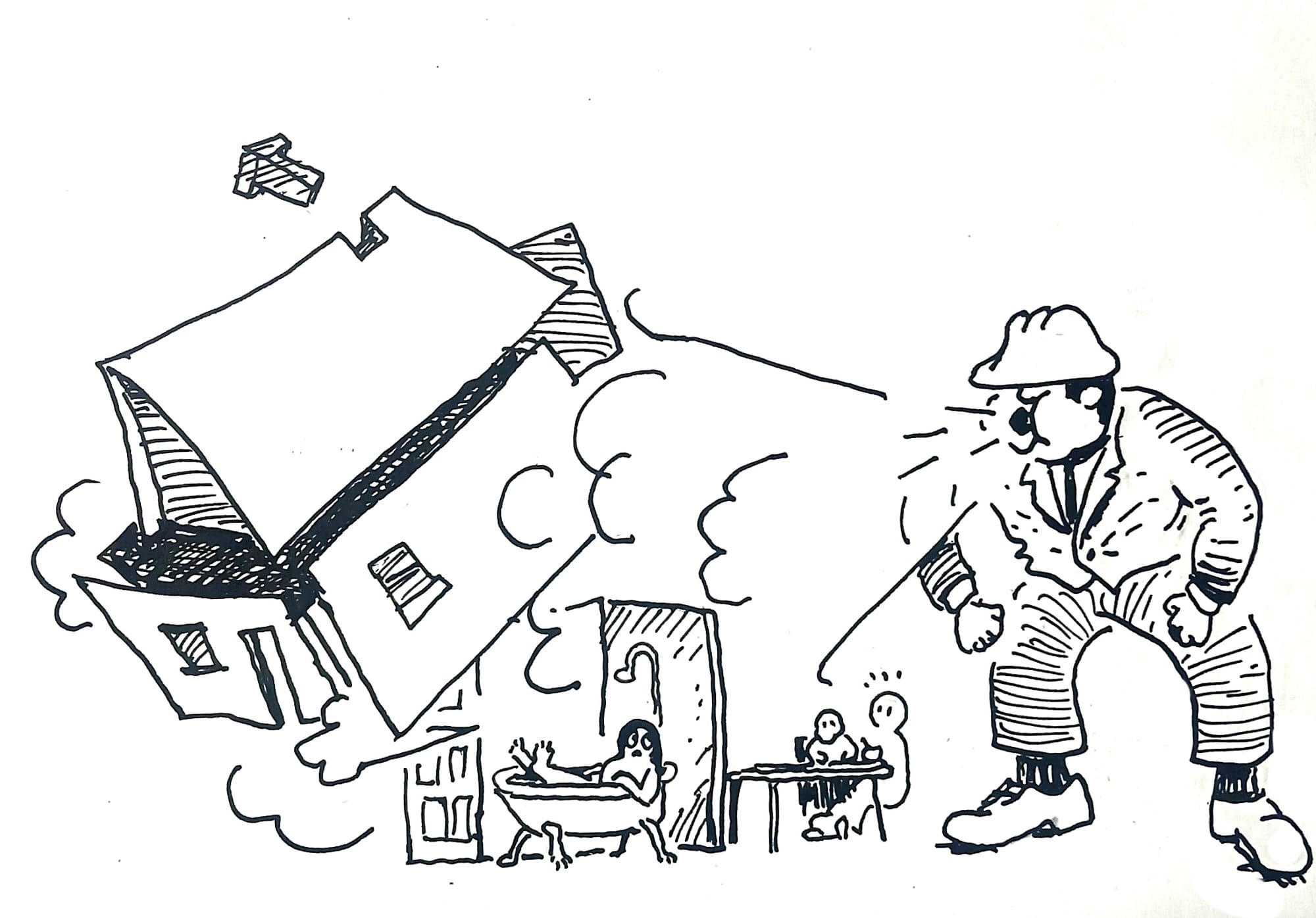 A black and white cartoon. A developer blows a house off of existing tenants, who are left exposed. 