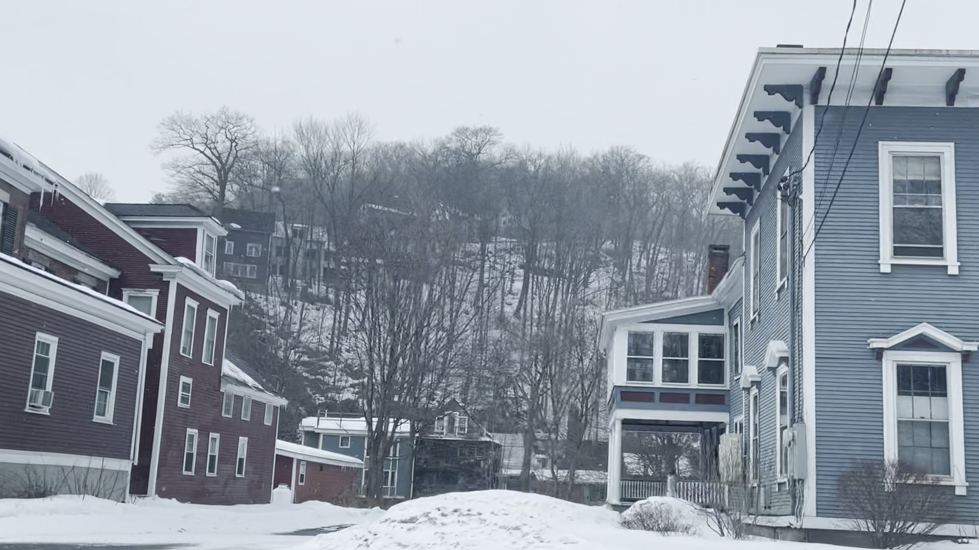 A snowy landscape, framed by large houses. In the background, a hill rises, concealing more homes between the trees.