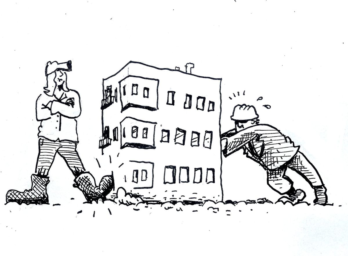 A black and white ink cartoon. A developer pushes a development while a local raises a foot to stop it. 