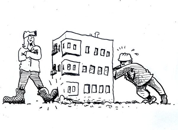 A black and white ink cartoon. A developer pushes a development while a local raises a foot to stop it. 
