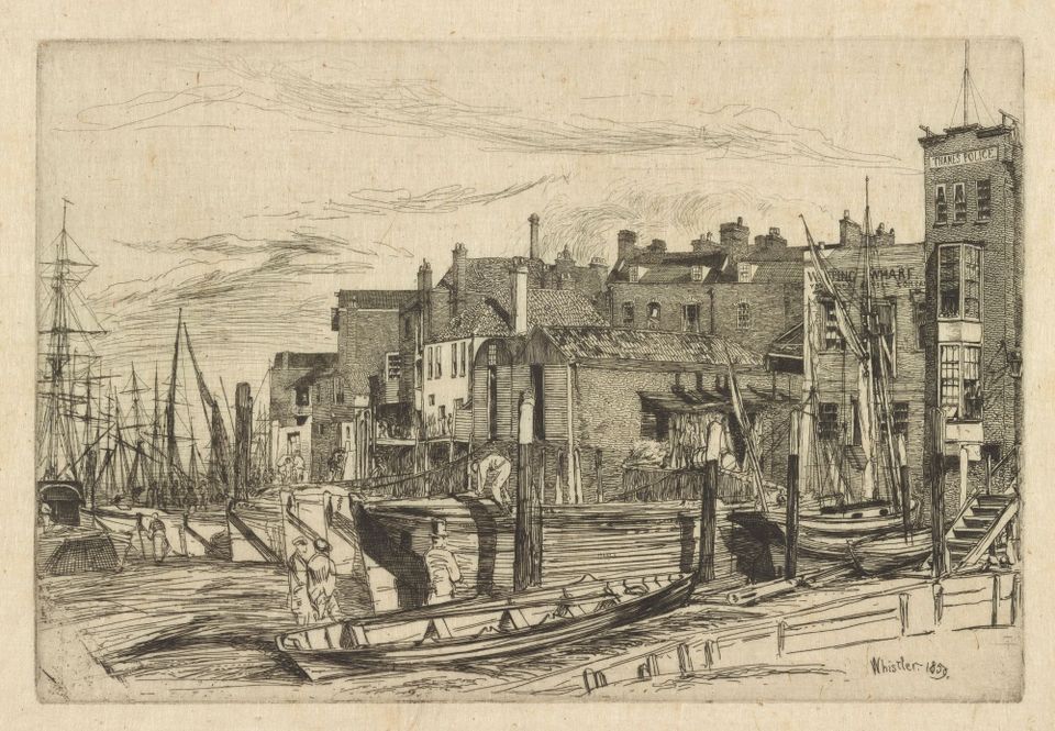 The Thames River shoreline in a black-and-white sketch.