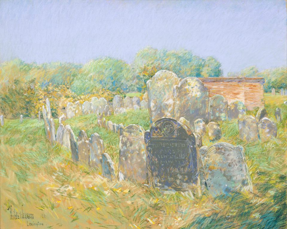 Painted image of a graveyard, primarily in pastels.  A forest is seen in the background with blue sky.