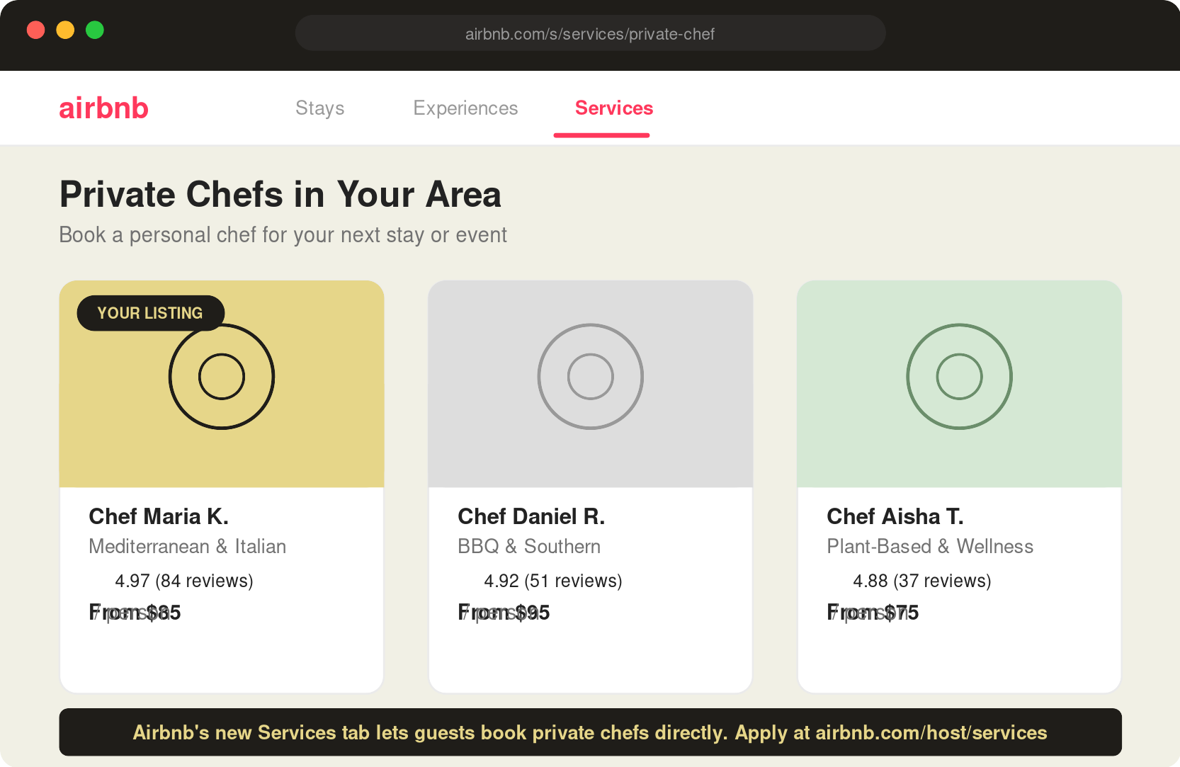 Airbnb Services tab for booking a private chef
