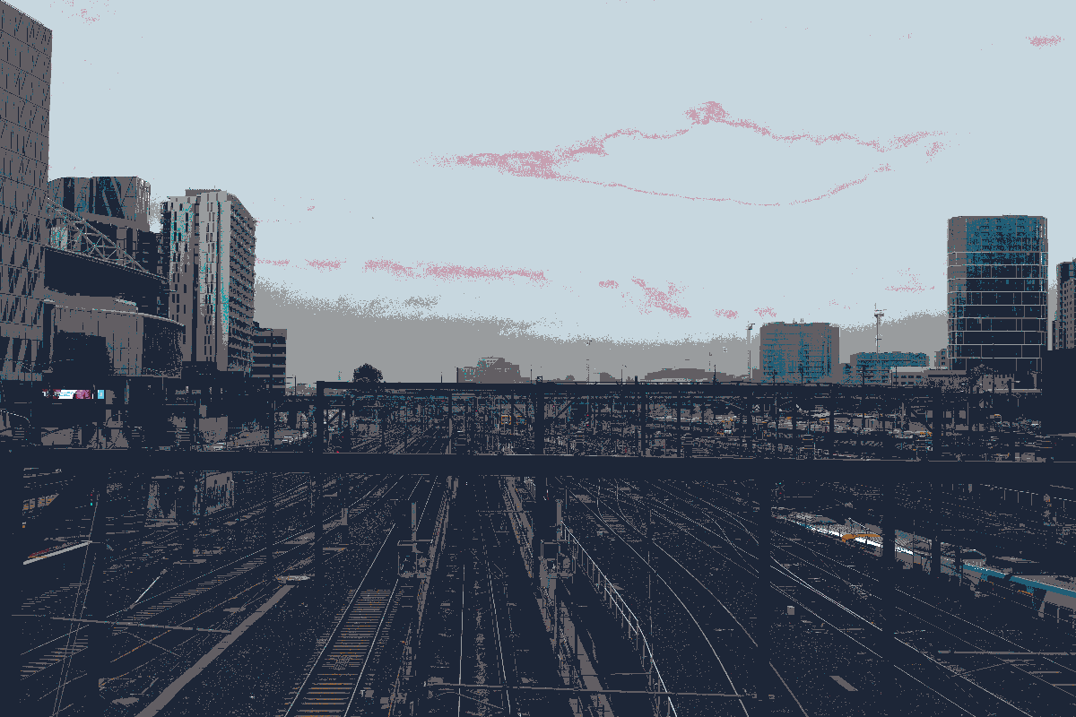 16-bit colour palette of Melbourne. Features the Southern Cross Railway Network facing West.