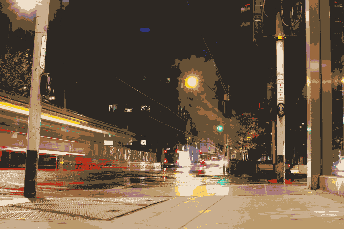 16-bit colour palette of Melbourne. Wide shot of a street at night in South Yarra.