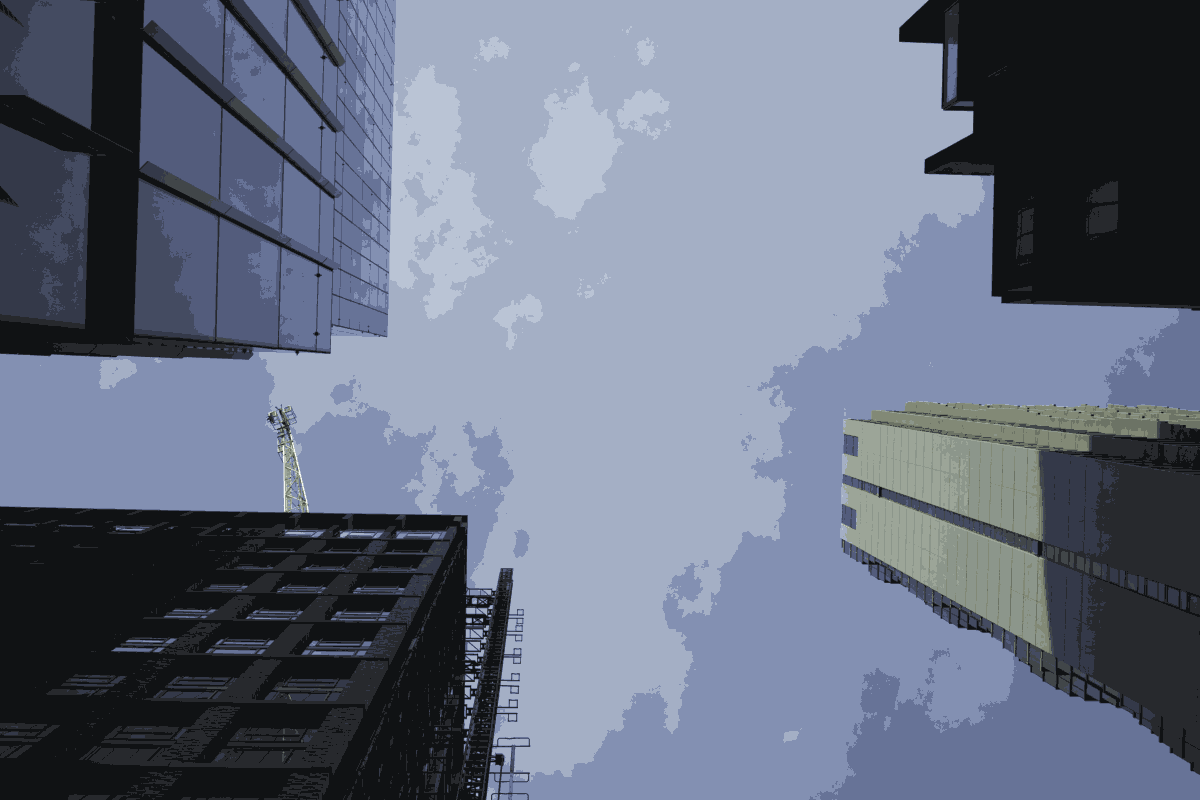 16-bit colour palette of Melbourne. Looking vertically up at a set of tall buildings.