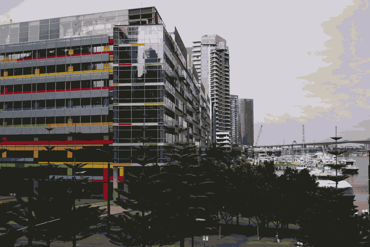 16-bit colour palette of Melbourne. An overlook of the Bolte Bridge from Southern Cross Station.