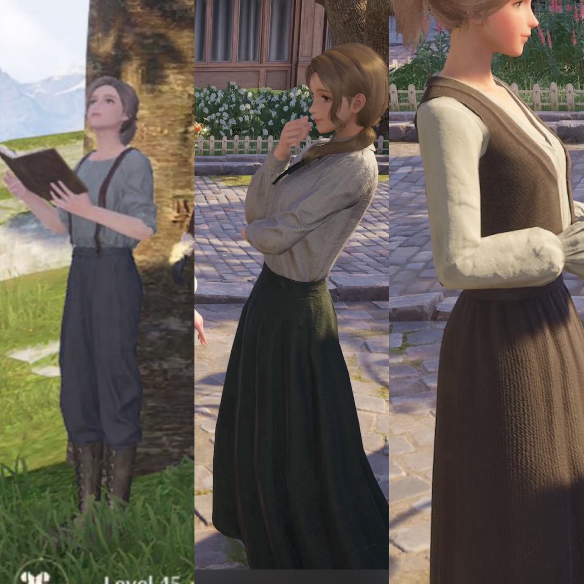 Screenshots from the mobile version of Infinity Nikki showing NPCs wearing, from right to left, a loose linen shirt with heavyweight linen trousers and suspenders, a linen blouse with bishop sleeves and heavyweight linen gored skirt, and a cotton blouse with frilled cuffs, gathered double gauze skirt and matching waistcoat. 
